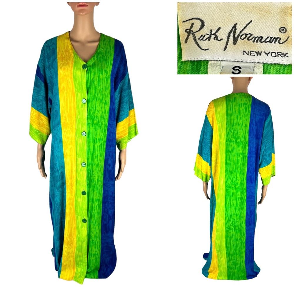 Ruth Norman New York Womens Small Dress Green Blue Vintage Floral Kaftan Lounge